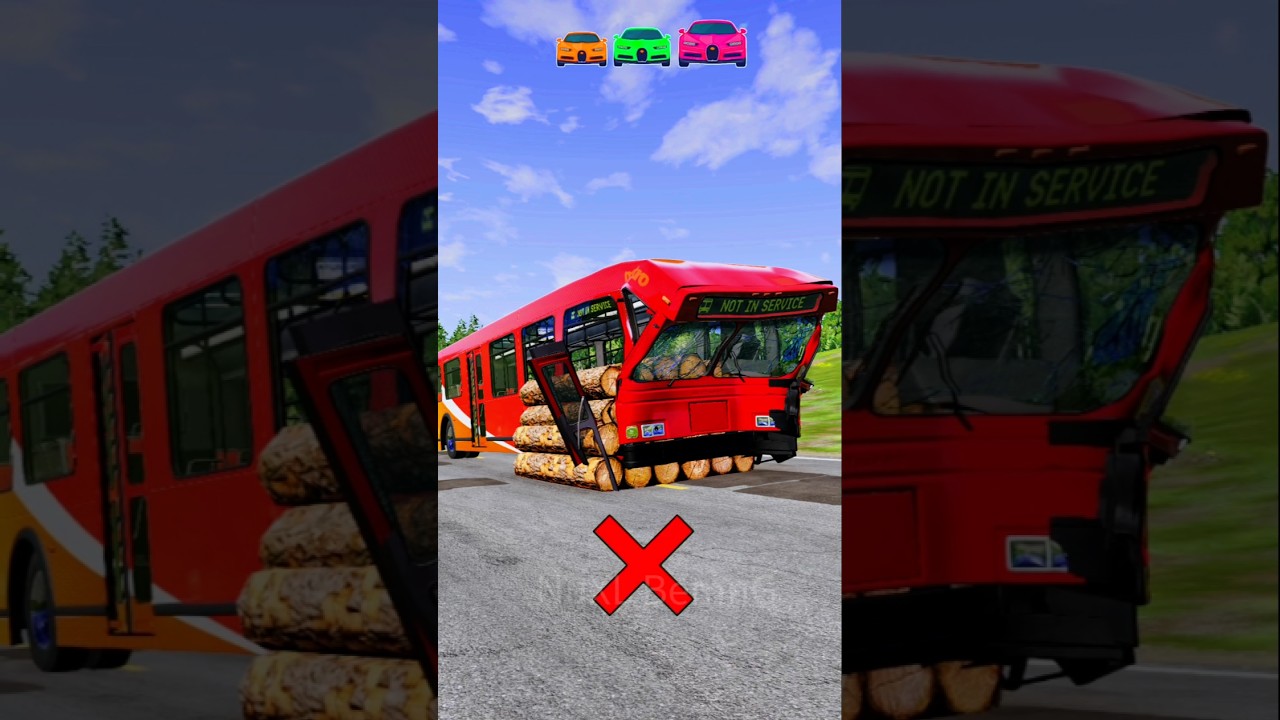 City Bus & Massive Truck with Mixture Truck vs Mega Log Road block - Total Damage! Beamng #shorts
