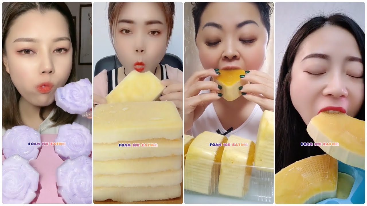 [ASMR] 20- COLORED FOAM ICE EATING BY SUN GIRL 💜💛 & COLORFUL ICE EATING 🤤 & رغوة الأكل الجليد