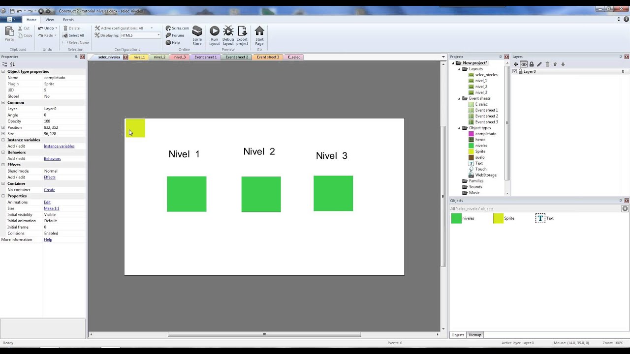 Tutorial Construct 2, como crear un selector de niveles, para principiantes.