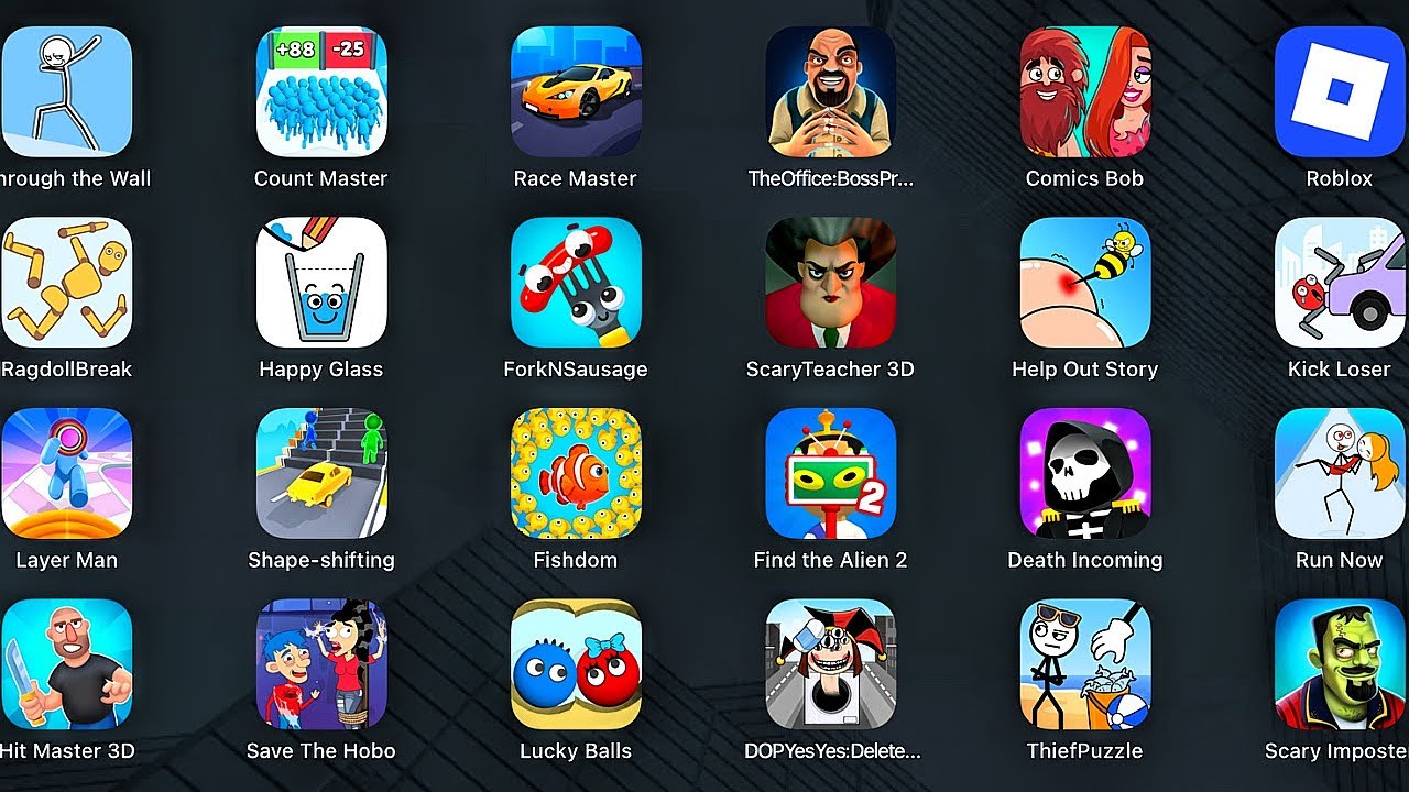 Roblox, Thief Puzzle, DOPYesYes, Through the Wall, RagdollBreak, Kick Loser, Lucky Balls, Run Now