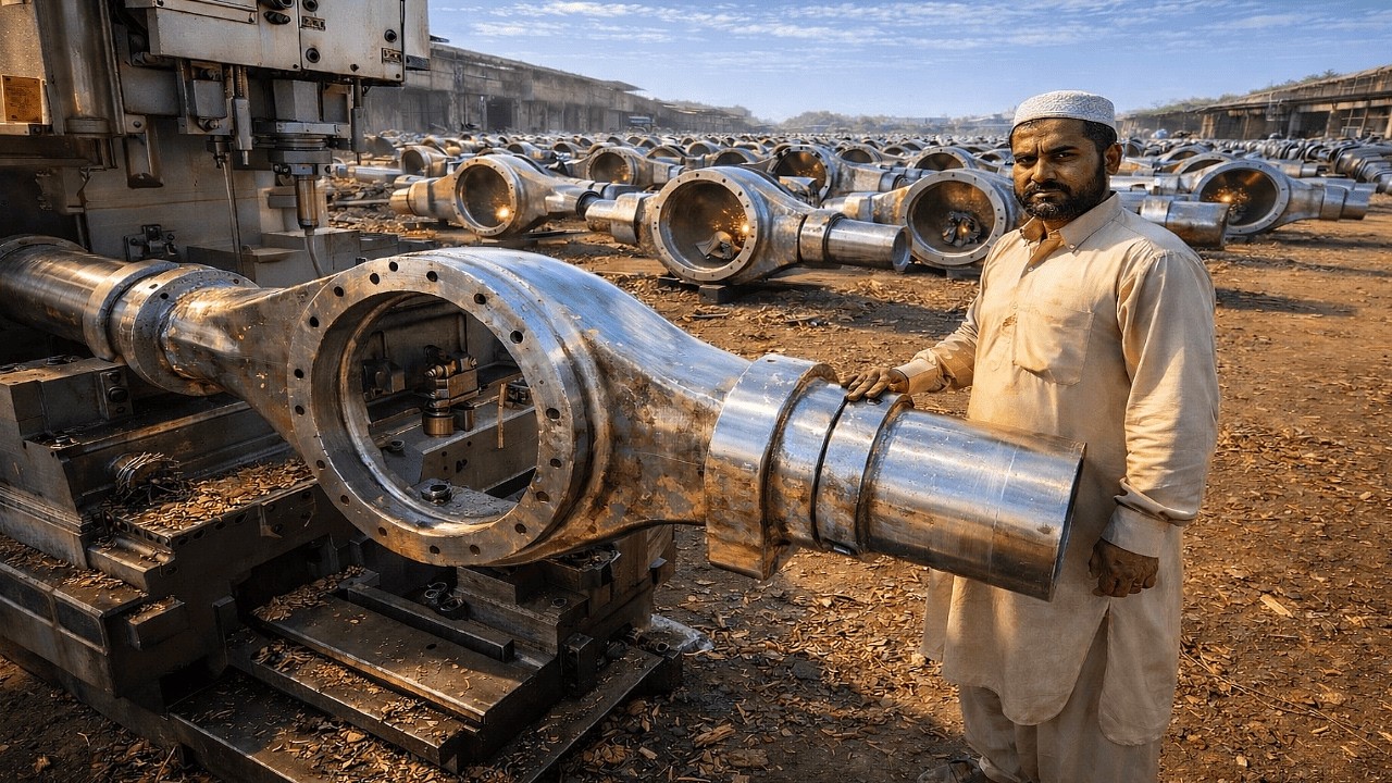 Процесс восстановления оси гигантского грузовика в традиционной пакистанской мастерской механиков