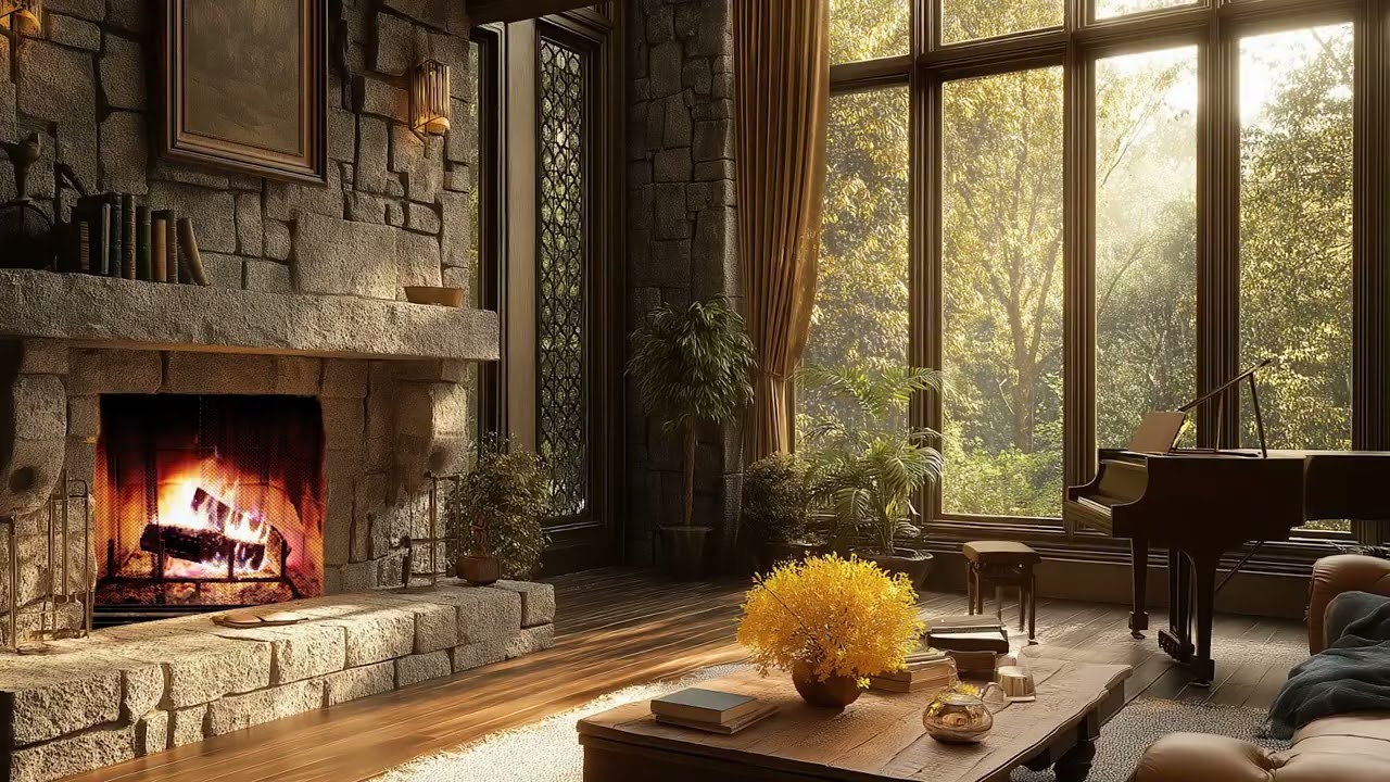 Hearthside Melodies | Gentle Rain, Warm Piano & Cozy Fireplace Night Ambience