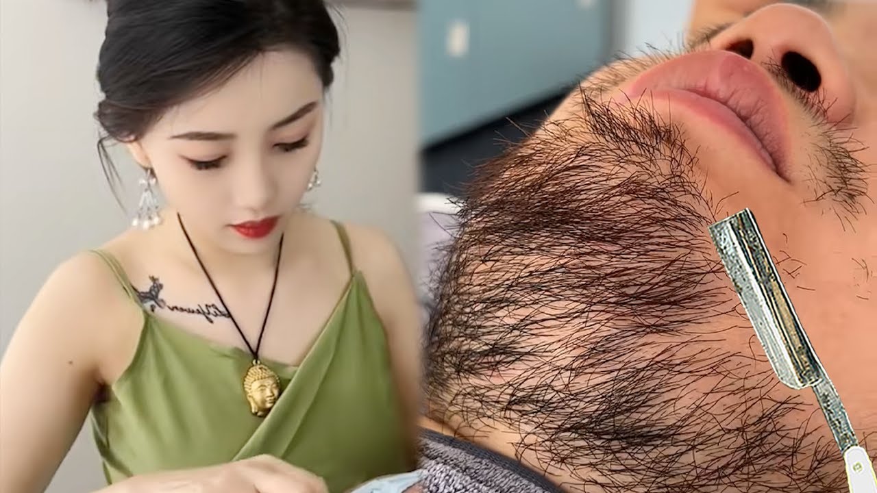💈ASMR | Remove a lot of beard and fuzz from a man's face. 🪒 Skillful wet shaving by a beauty！