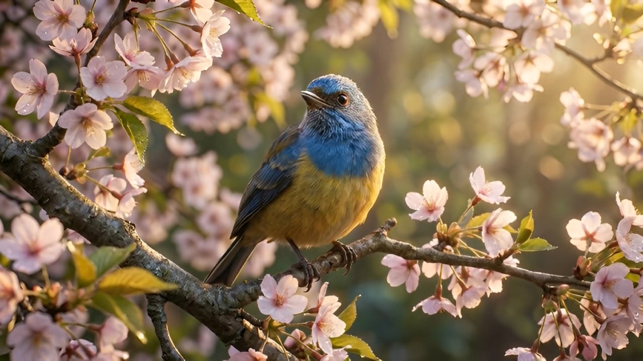 Spring Bird Chirping on Blossom Branch – 1 Hour – TV Background