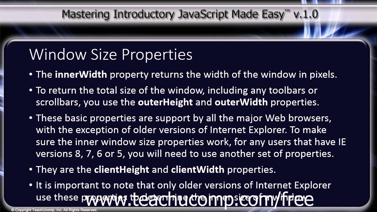 JavaScript Training Tutorial Window Size Properties