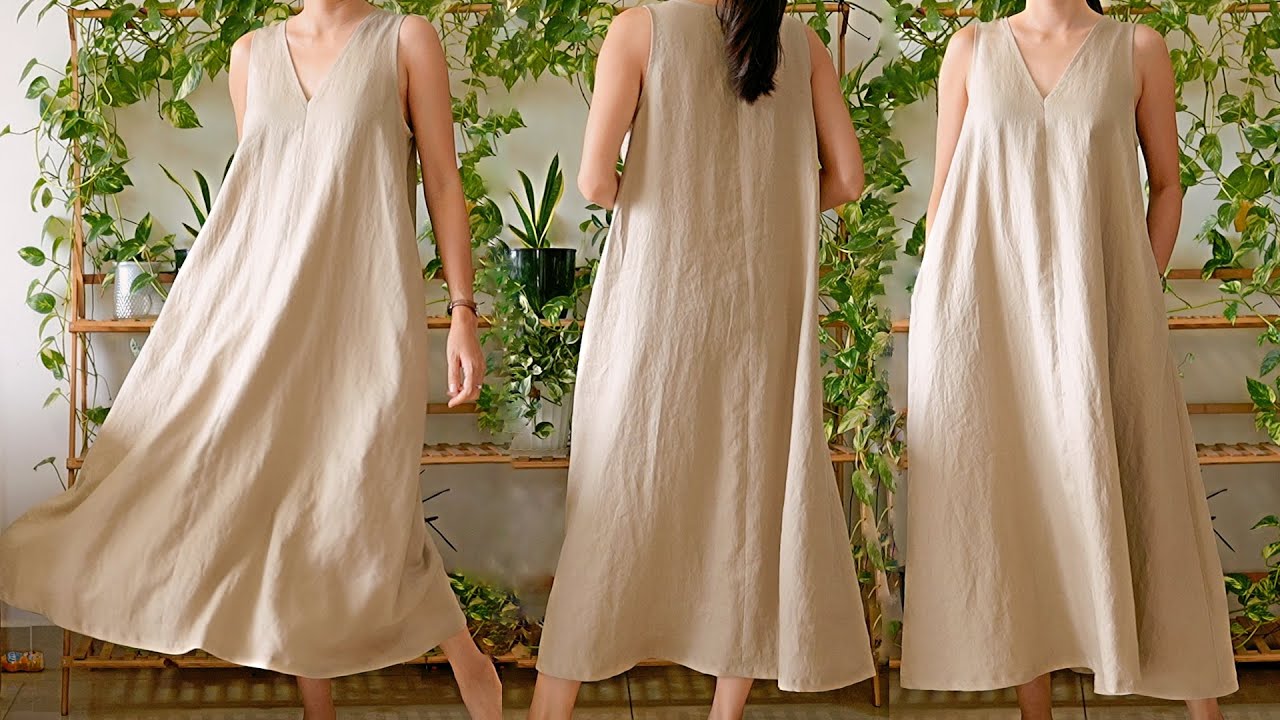 DIY linen V-neckline sleeveless dress for summer