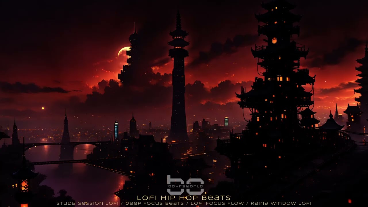 🌙Red Moon Over Neon Pagodas – Lofi Hip Hop Beats🏯🌧️
