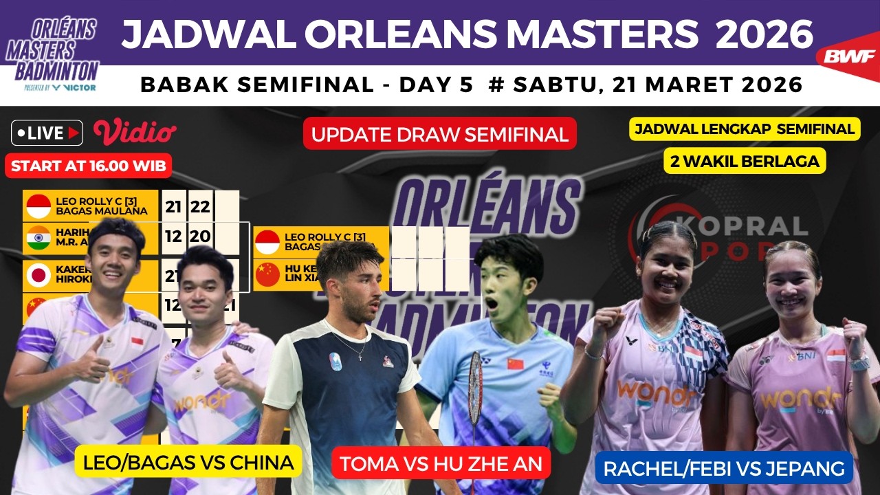 Jadwal Semifinal Orleans Masters 2026 hari ini ~ LeoBagas vs china ~ Rachel/Febi vs Non Unggulan