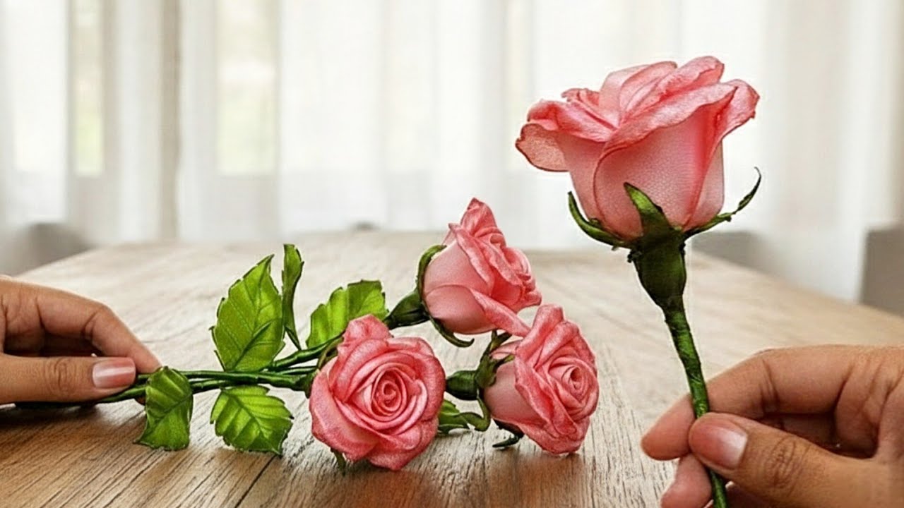DIY ribbon roses/how to make beautiful rosebud flower with satin ribbon
