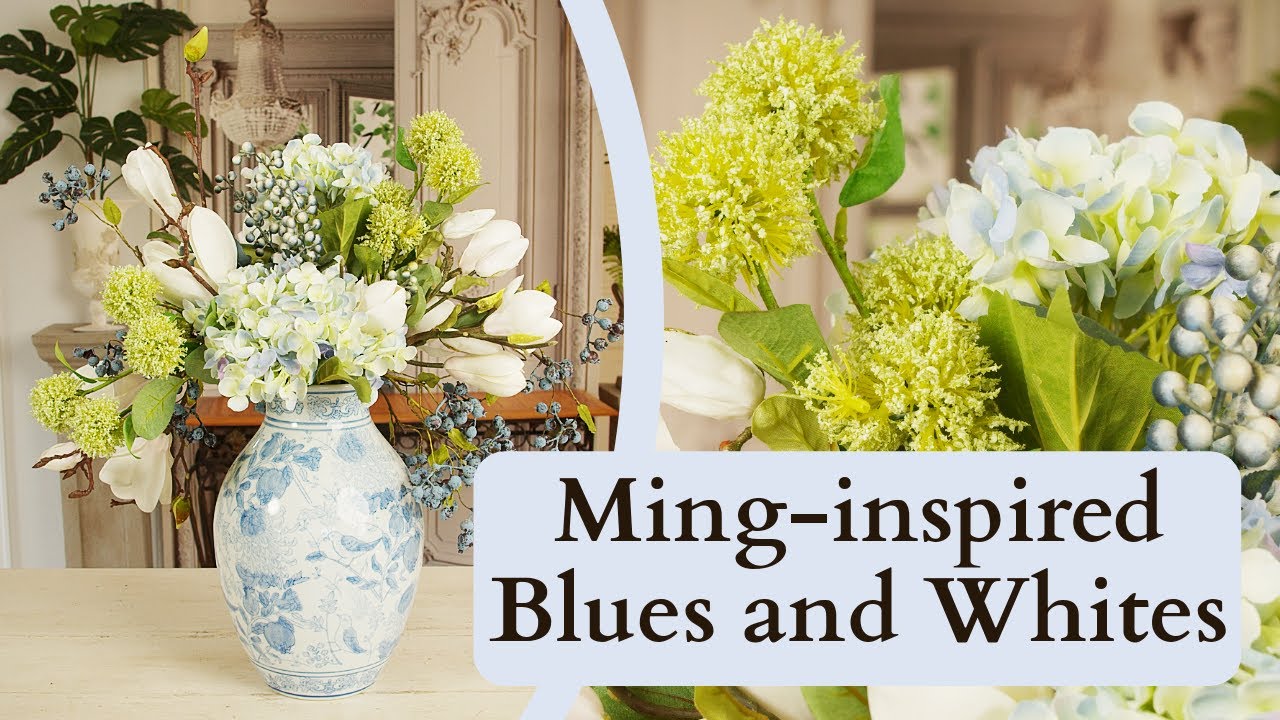 A Blue and White Floral Design in a Ming-inspired Vase | Hydrangea, Snowballs, Magnolia and Berries