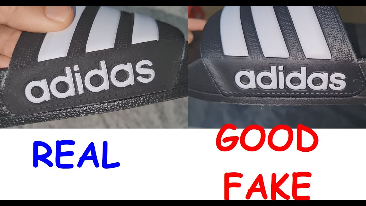 Adidas Adilette slides real vs fake. How to spot fake Adidas adilette cloudfoam shower slippers