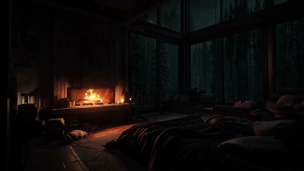 Rain Falling Around a Quiet Forest Cabin with Warm Fireplace Sounds at Night