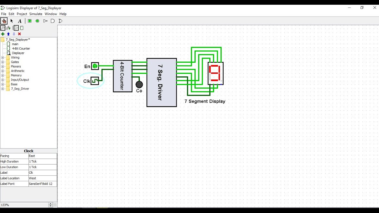 7 Segment Display with 4 bit counter using Logisim