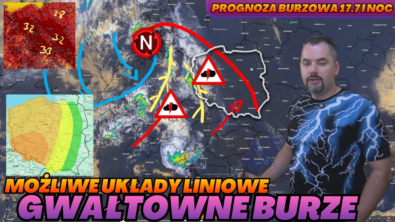 Gwałtowne burze wraz z formacjami liniowymi na strefach zbieżności. Upał do 32&deg;C - om&oacute;wienie burzowe