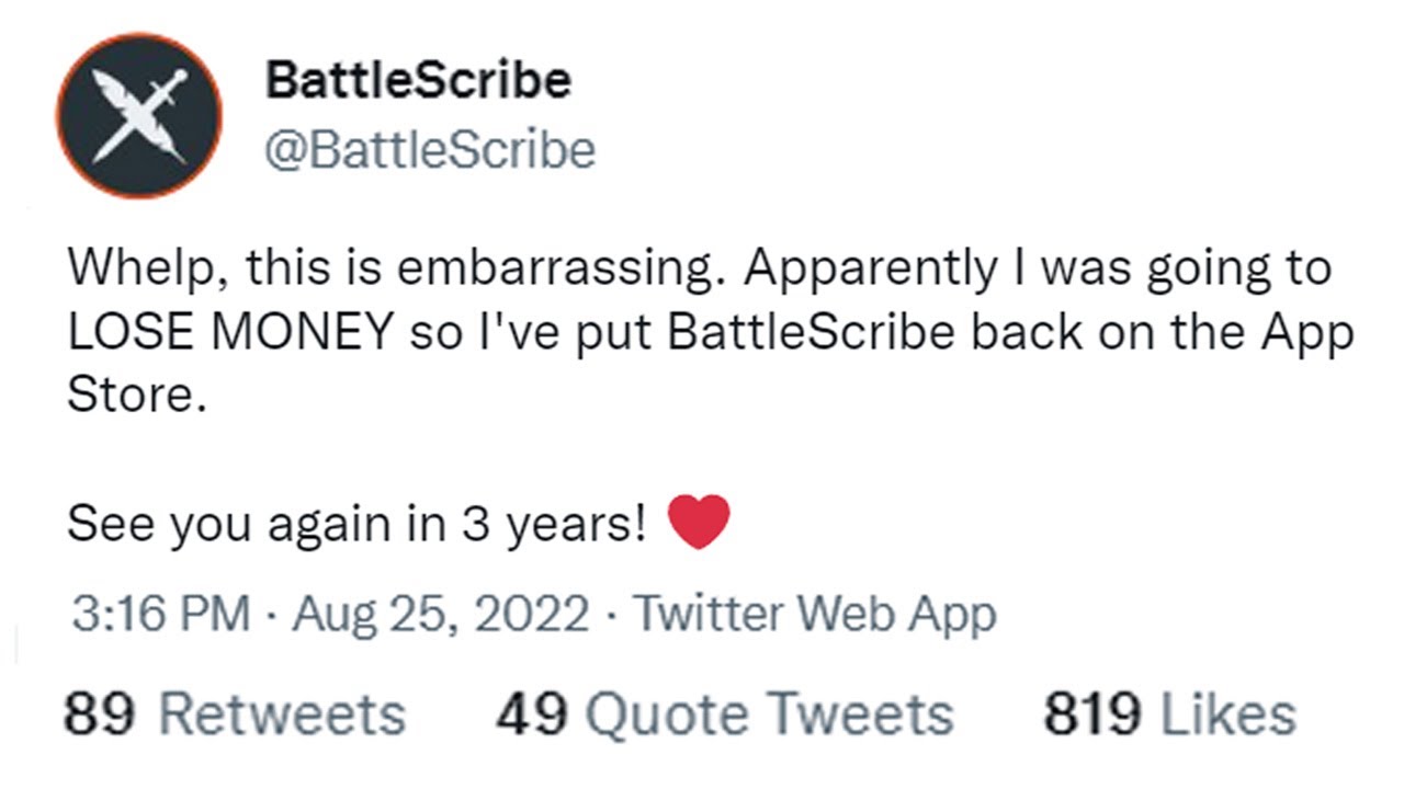 BattleScribe is back on the App Store