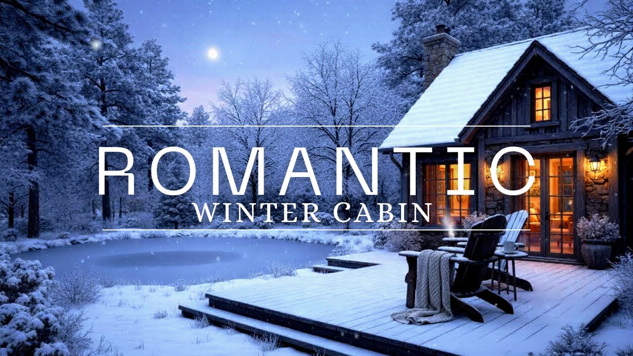 Romantic Winter Cabin Ambience ❄️ Falling Snow & Warm Lights | Relaxing Guitar Music