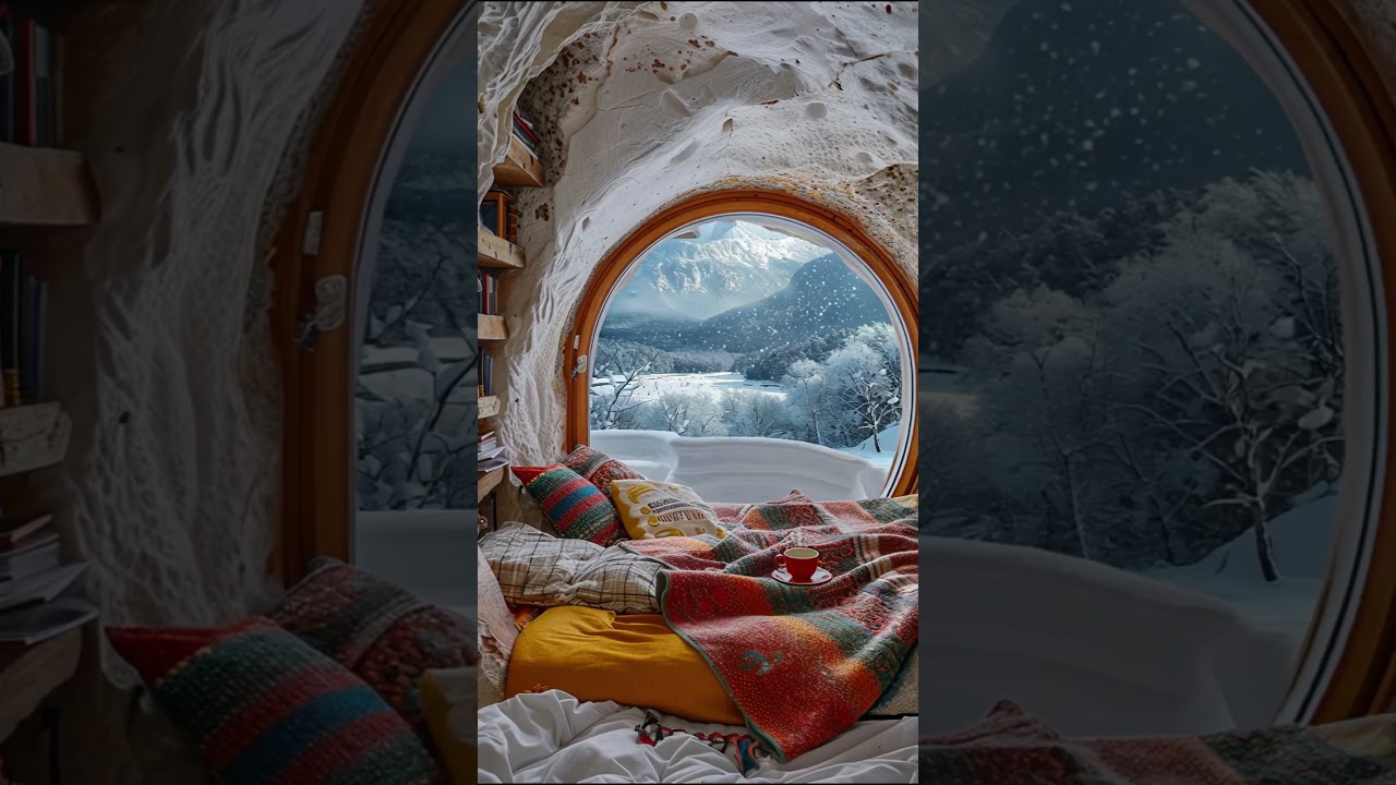 Cozy Winter Cave Home ❄️🏔️ | Snowy Mountain View & Warm Coffee #cozywinter #cabin #relaxing #shorts