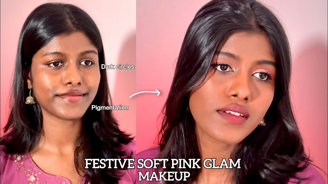 Festive Pink glam makeup on deep skintone | Wedding guest makeup | Simple beginner makeup | TAMIL