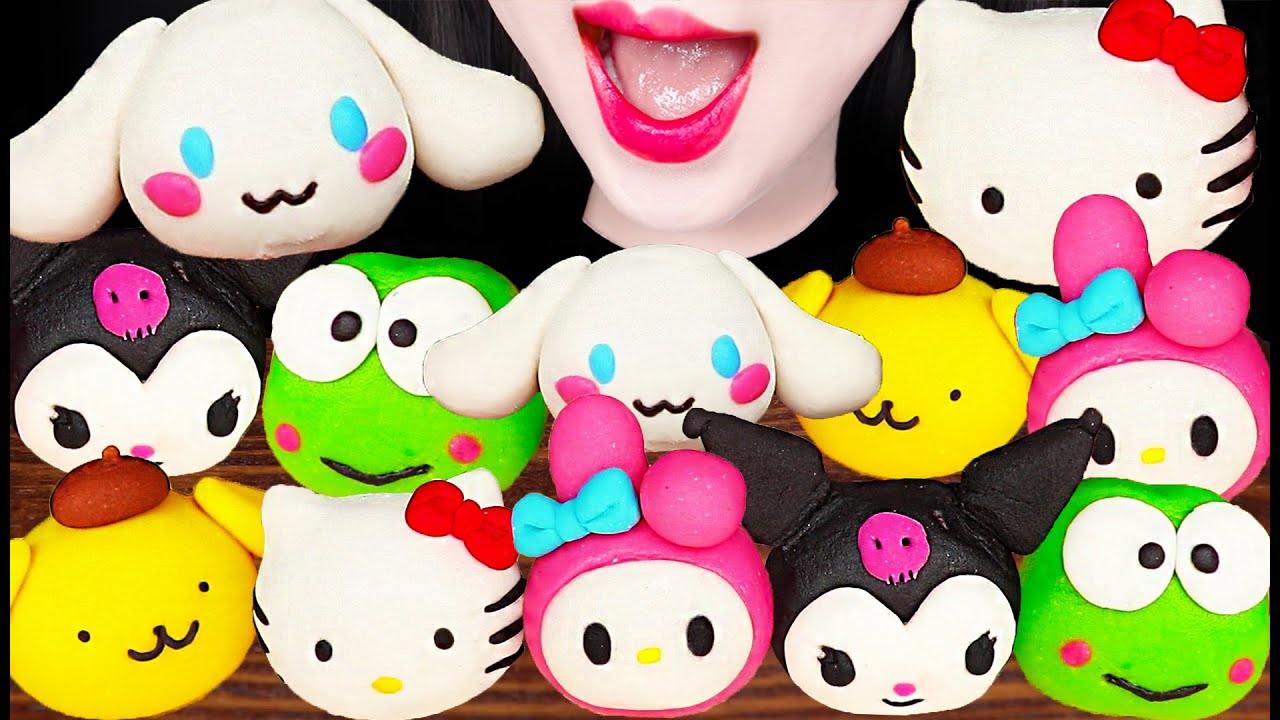 ASMR SANRIO MOCHI *KUROMI, HELLO KITTY, CINNAMOROLL, MY MELODY 산리오 화과자, 쿠로미, 헬로키티, 시나모롤 MUKBANG 먹방