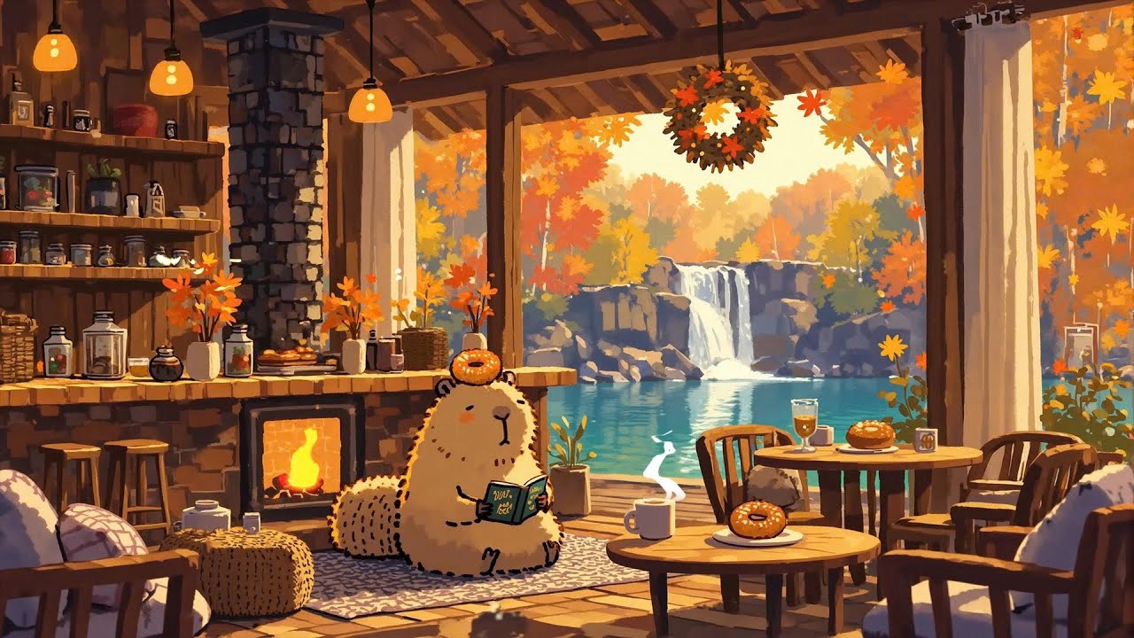Relaxing Fall Lofi Chill in Lakeside 🍂 Cozy Coffee Shop Ambience & Lofi beats to study/work/relax