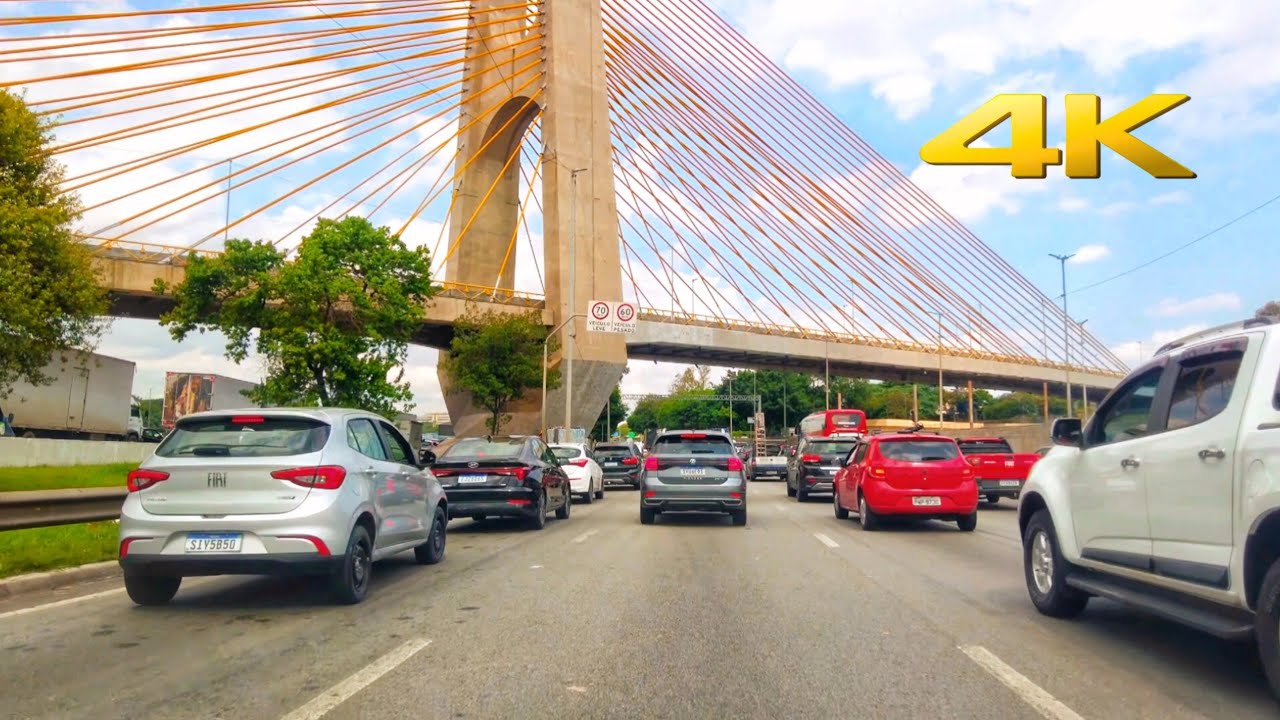 Dirigindo na Marginal Tietê com trânsito intenso • São Paulo SP 4K
