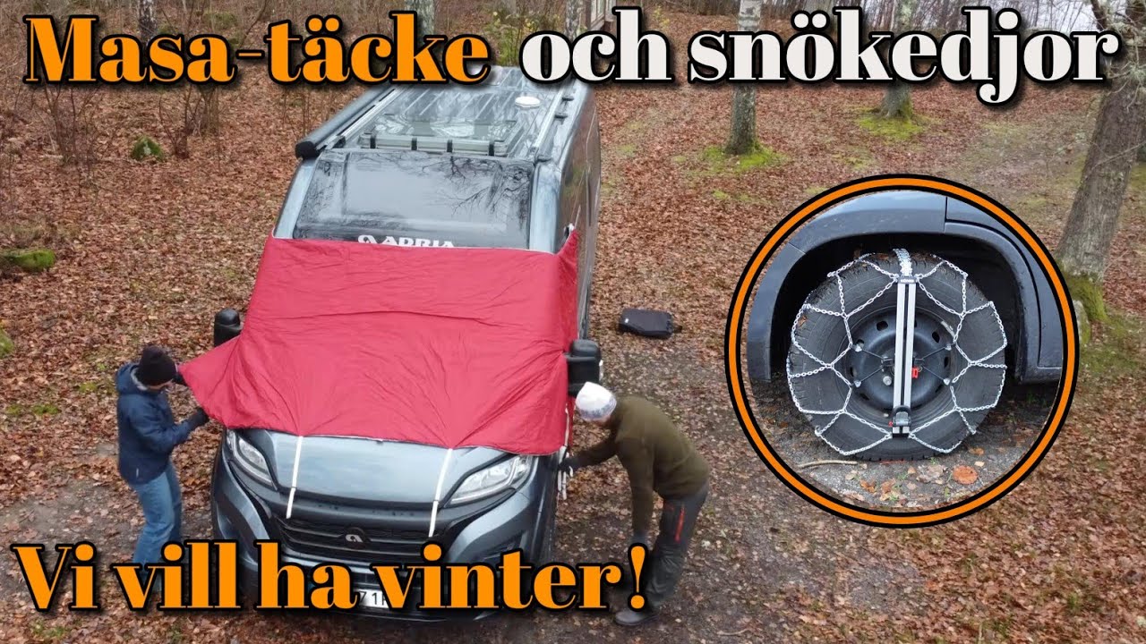 Snökedjor och Masa-täcke till plåtisen. Vi vill ha Vinter!