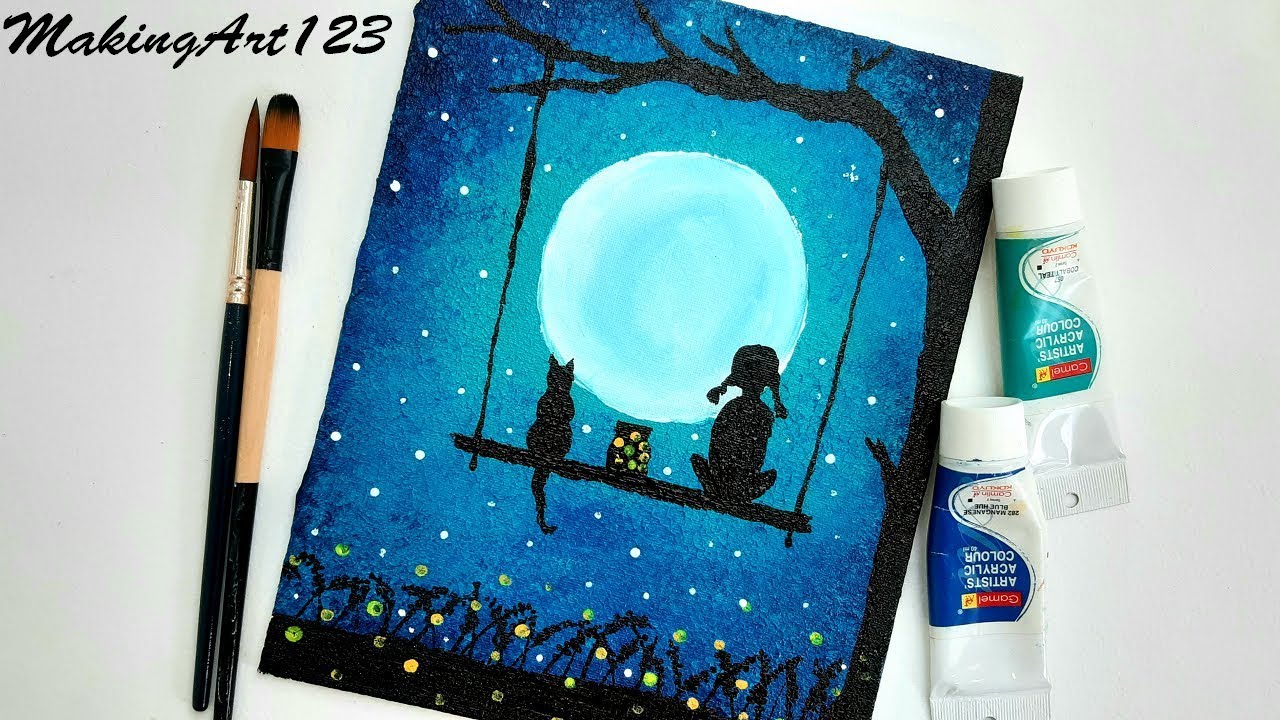 Easy Moonlight Night Painting- Easy Acrylic Painting for Beginners