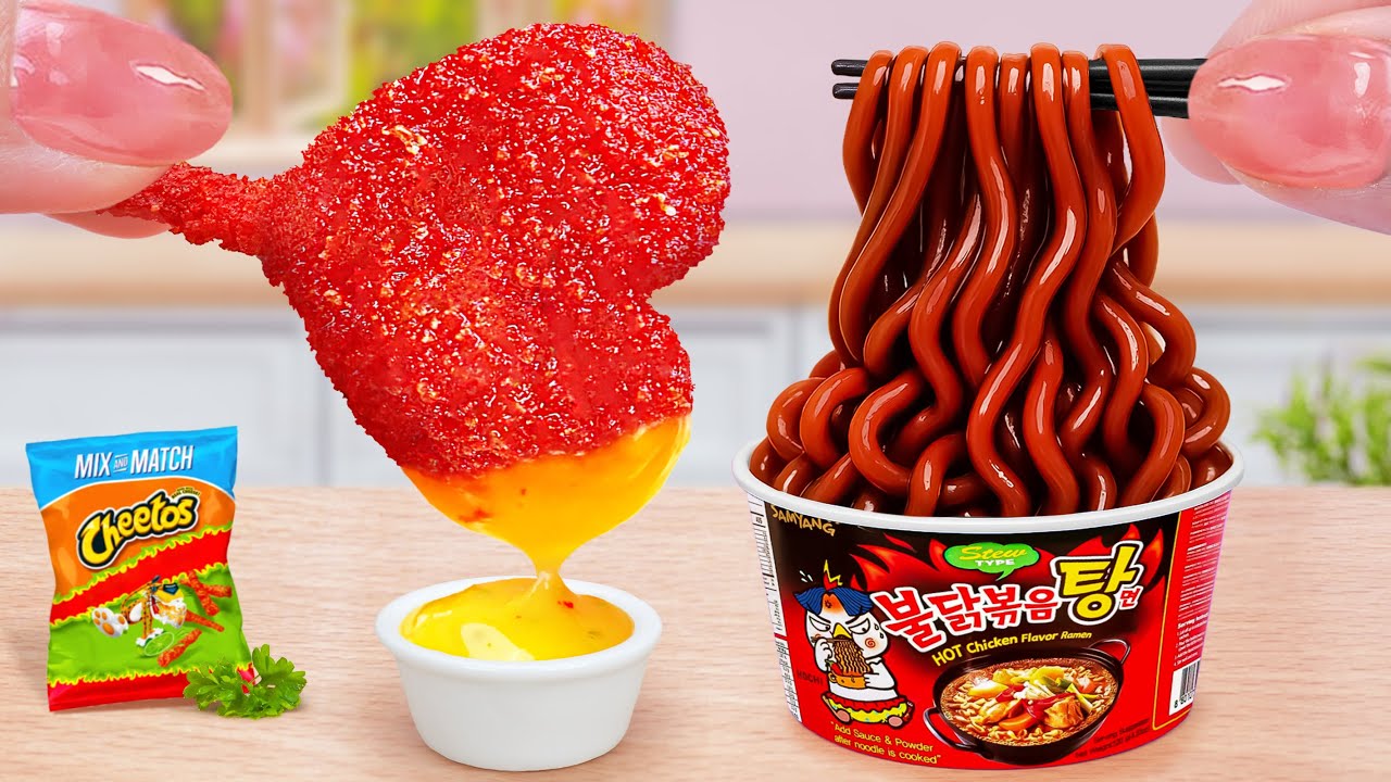 Mukbang ASMR Korean Street Food 💖 Tiny KFC Chicken Fry and Buldak Noodles 💖 Tina Mini Cooking