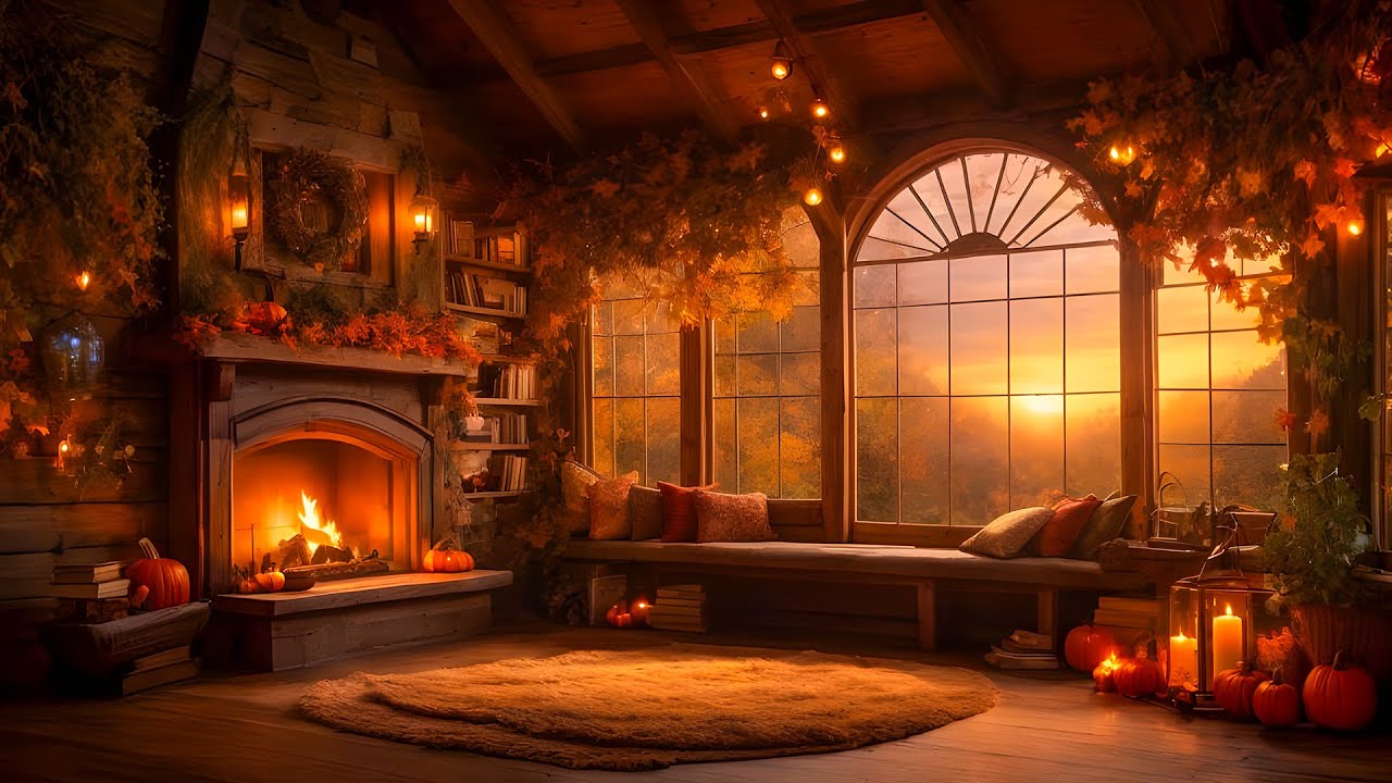 Enchanted Reading Nook Rainy Autumn Day, Fireplace & Rain Sounds - Peaceful Piano Music & Ambience 🎵