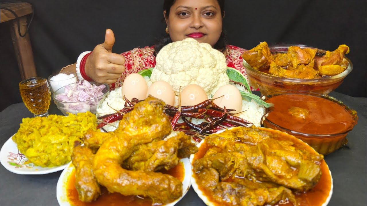 ASMR RICE SPICY KOLI FLOWER EGG BHORTA CHICKEN NEACK CURRY GIZZARD CURRY CHICKEN CURRY EATING 