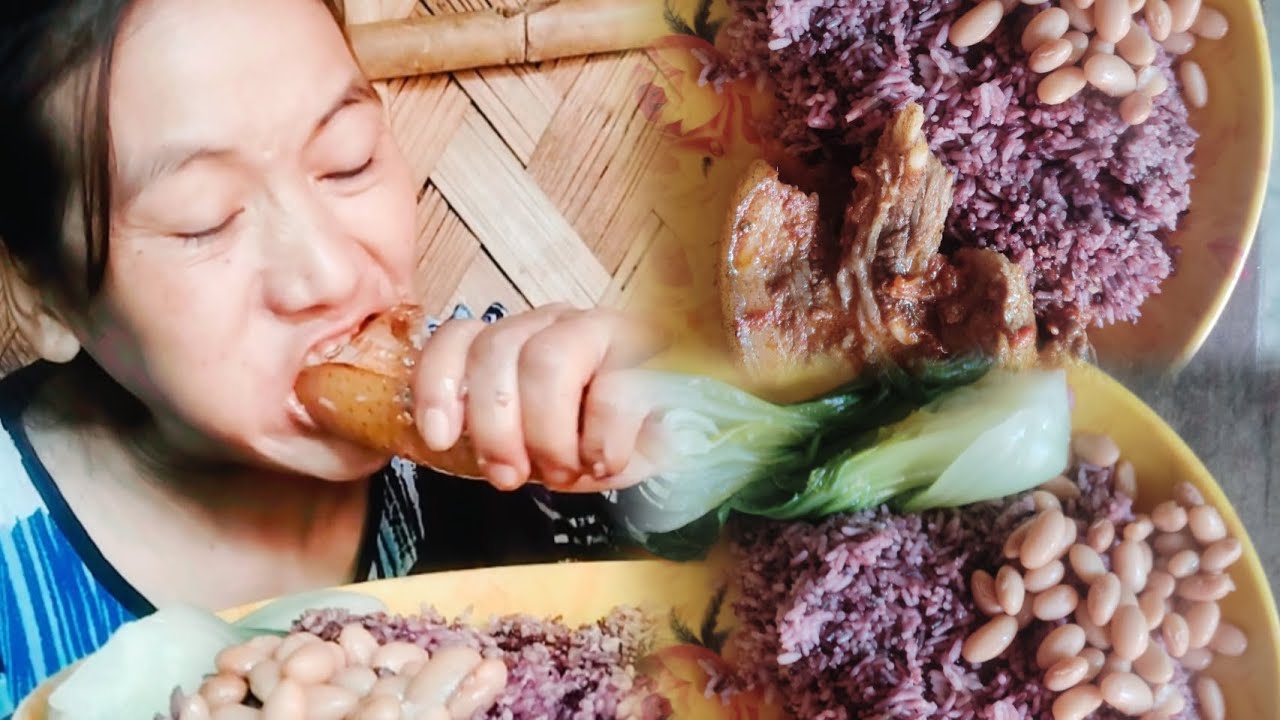Mukbang with local rice pork  meat and red kidney beans|| 