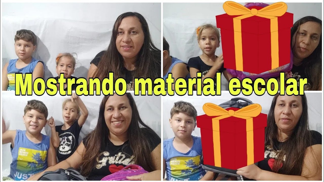 Mostrando os materiais escolares de 2026 com as crianças 