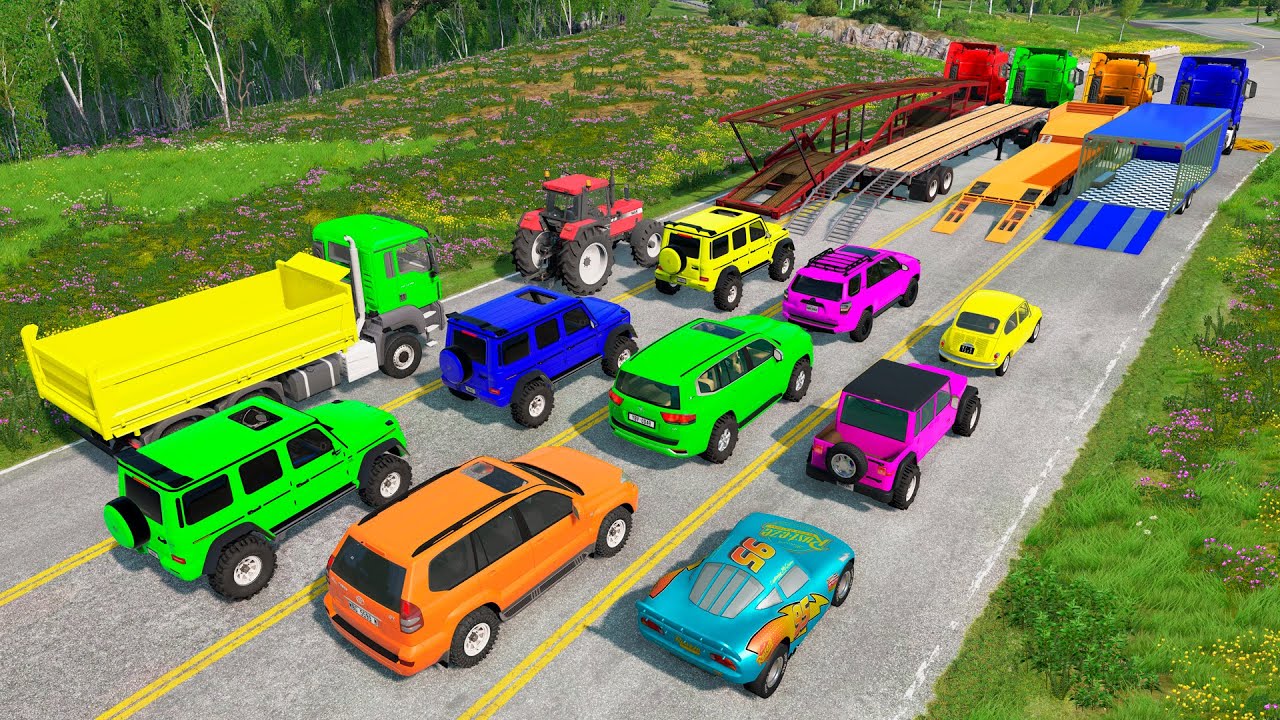 Flatbed Trailer Cars Transportation with Truck - Speedbumps vs Cars vs Train - BeamNG.Drive #101