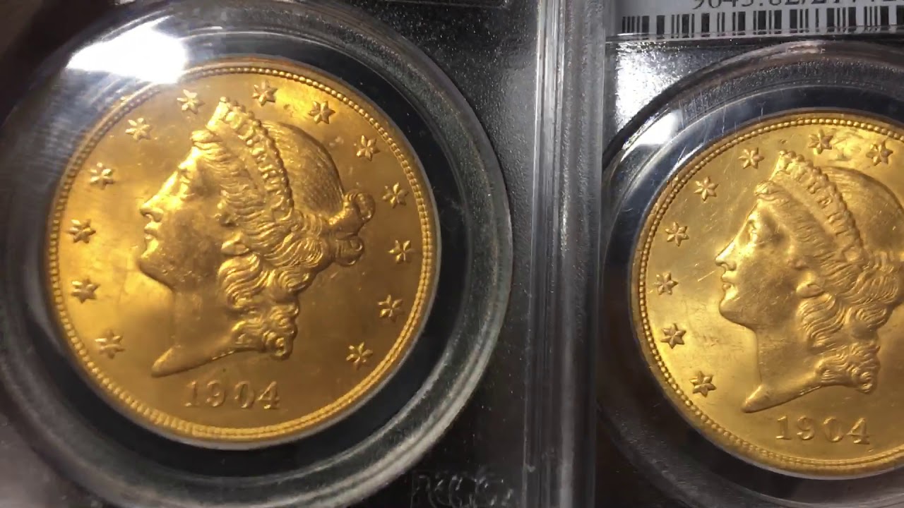 Comparing four $20 gold liberty double eagle coins PCGS grades MS62
