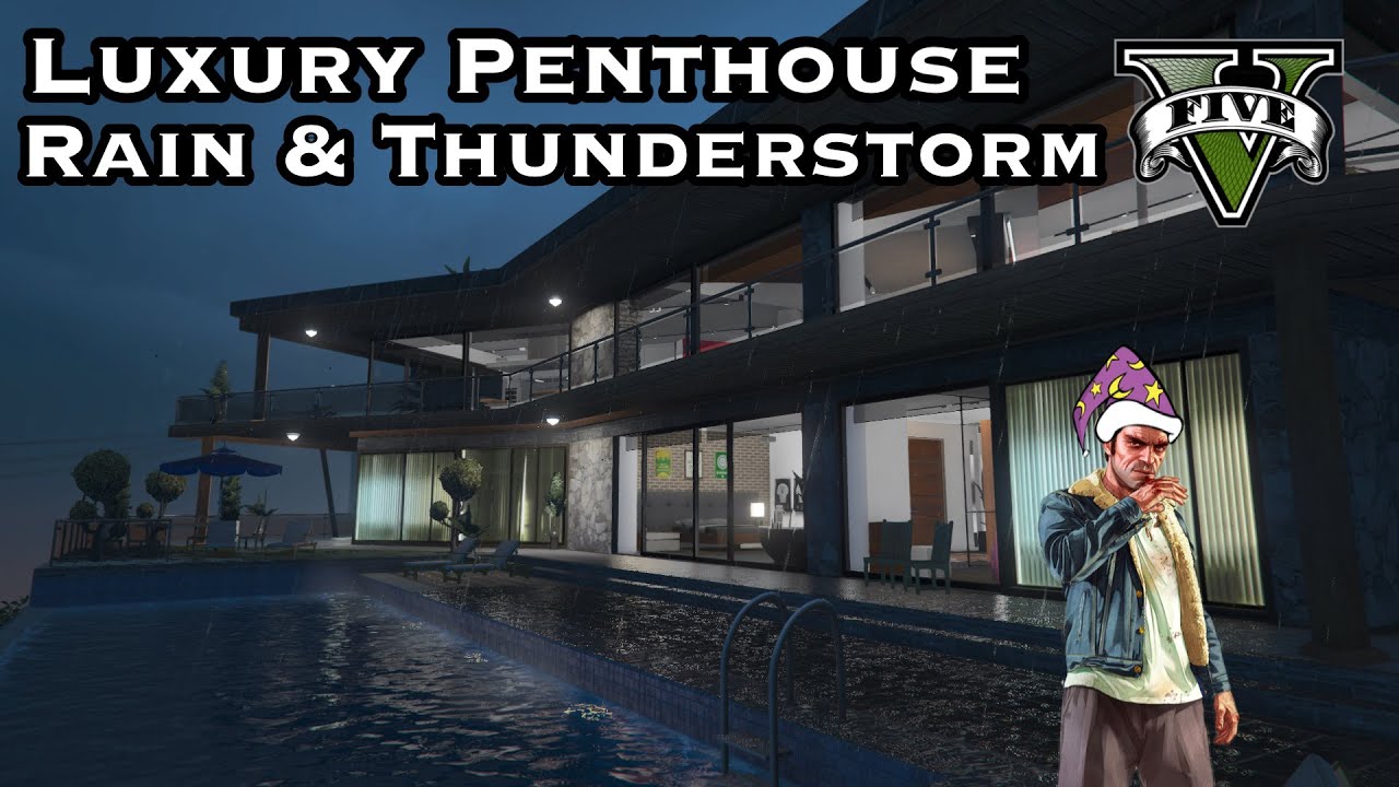 Luxury Penthouse In Vinewood Hills Heavy Rain & Thunderstorm Ambience - GTA V Relaxing Sleep ASMR.