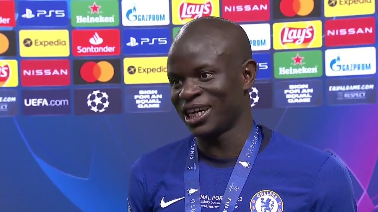 N'Golo Kant&eacute; reacts to winning the UEFA Champions League.