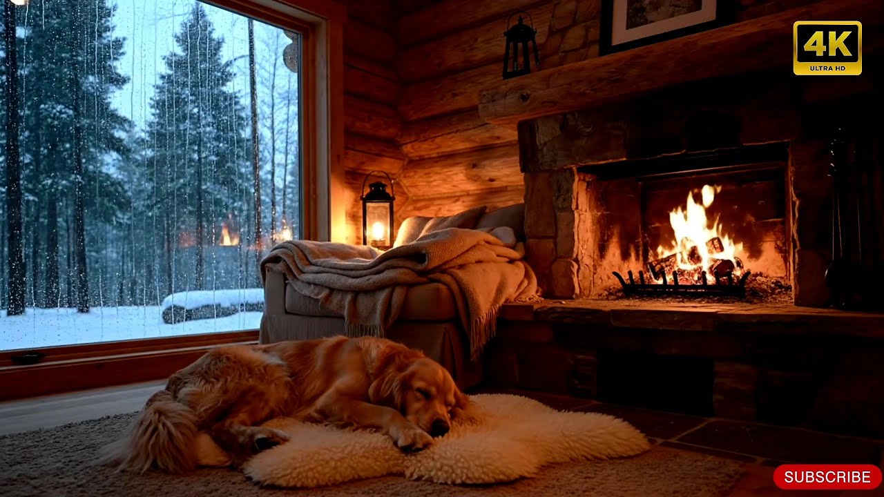 3 hours instant sleep Rainy Cabin Ambience |🔥 Cozy Jazz Fireplace with Sleeping Dog