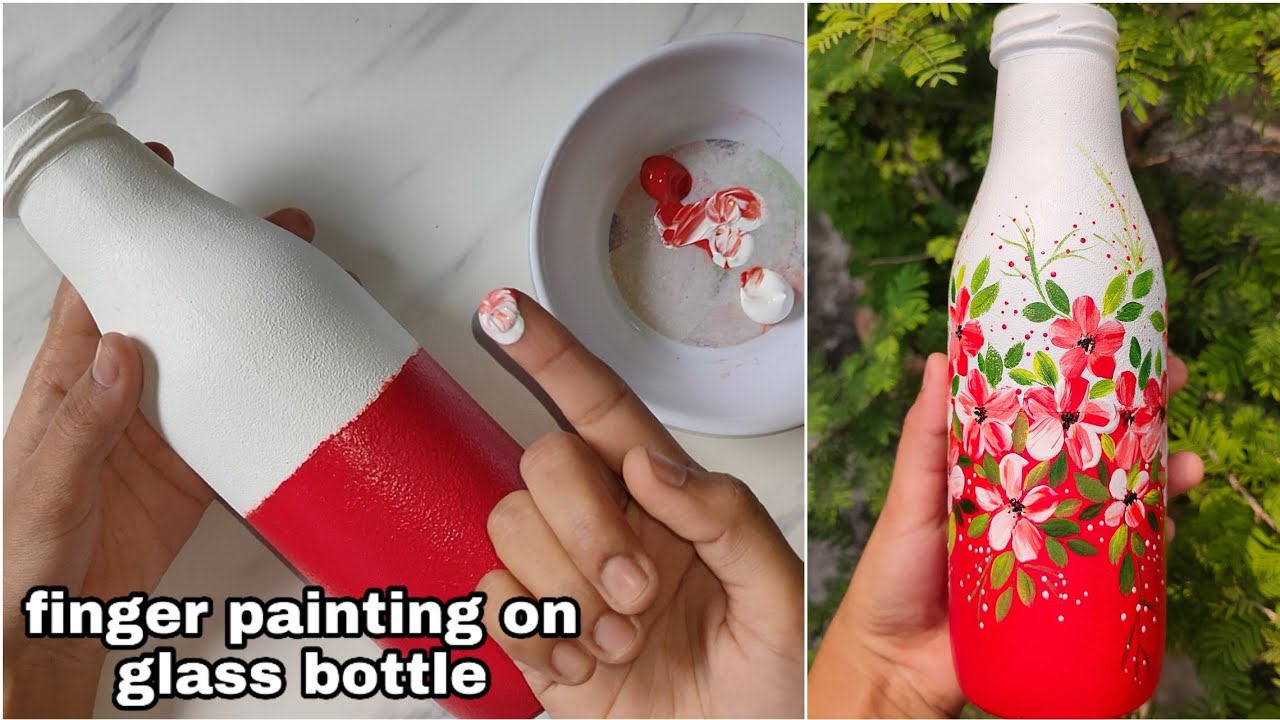 Beautiful red and white glass bottle painting idea. Easy glass bottle painting technique with finger