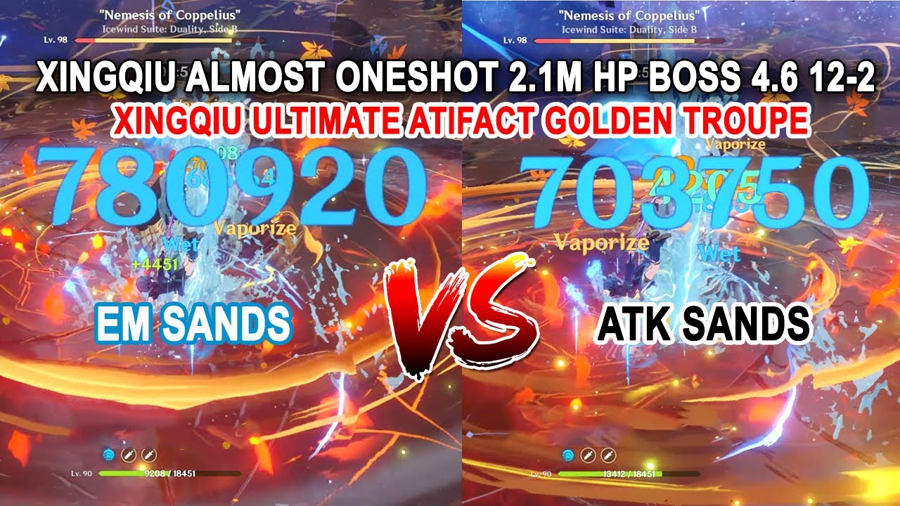 Xingqiu Ultimate Atifact Golden Troupe Almost Oneshot 2.1M Boss 4.6 - EM vs Atk Sands Showcase