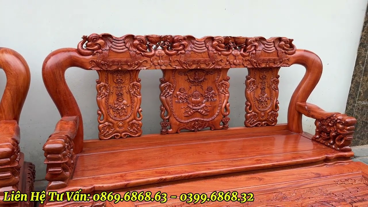 Hoàn thiện làm đẹp hoàn chỉnh bộ bàn ghế minh quốc voi chiến cột 14 khung tranh dày 5cm gỗ hương đá 