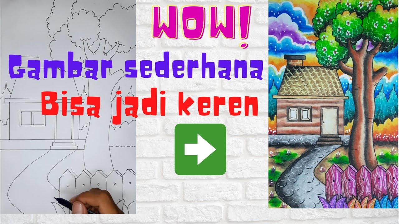 cara gradasi warna crayon dan teknik kerik pemula 06 tema rumah, pagar, pohon dan rumput
