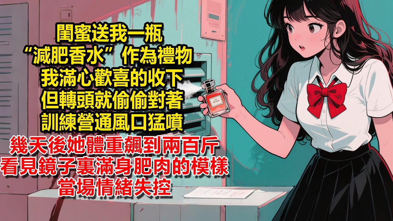 閨蜜送我一瓶“減肥香水”作為禮物，我滿心歡喜的收下，但轉頭就偷偷對著訓練營通風口猛噴，幾天後她體重飆到兩百斤，看見鏡子裏滿身肥肉的模樣當場情緒失控