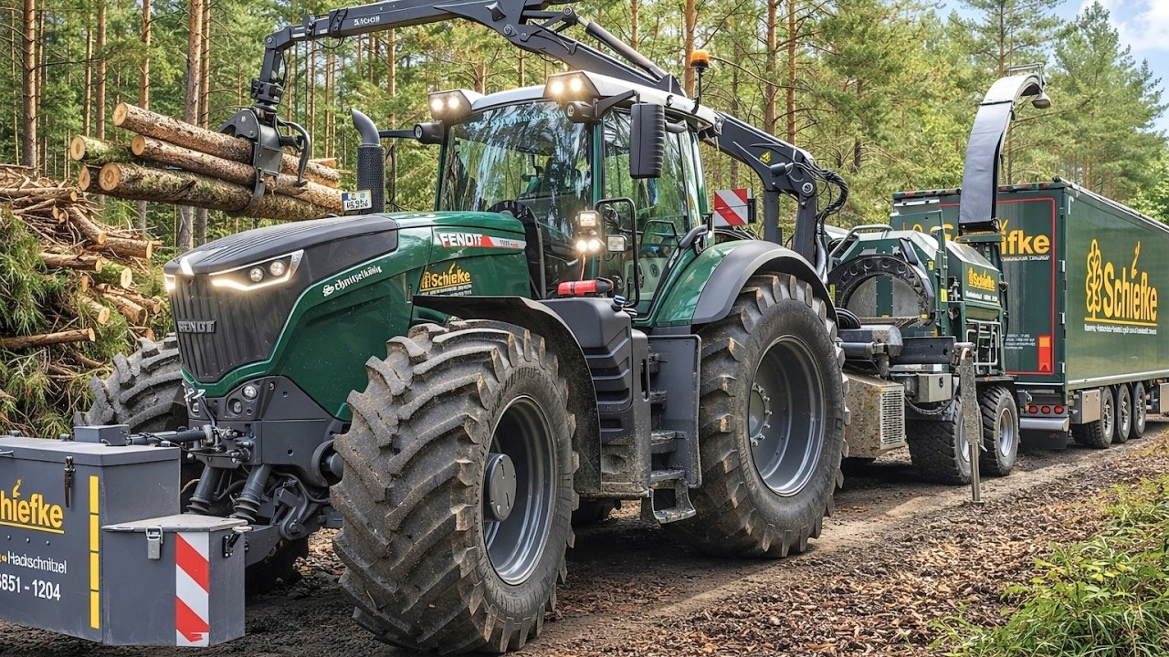 Fichtenkronen hacken f&uuml;r Forstschutz - Traktor Fendt 1050 & Eschlb&ouml;ck  Hackschnitzel Forstwirtschaft