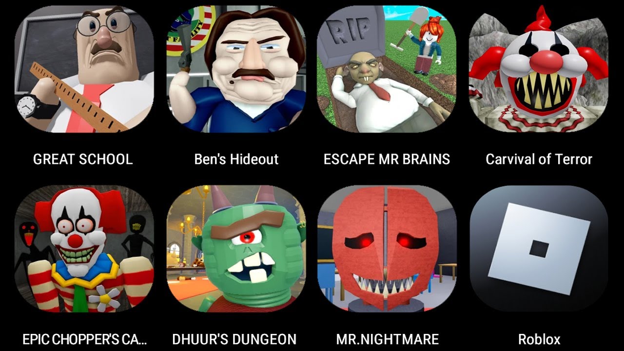 ROBLOX;GREAT SCHOOL BREAKOUT,Escape The Carnival of Terror,ESCAPE MR BRAINS WATERPARK,DHUURS DUNGEON