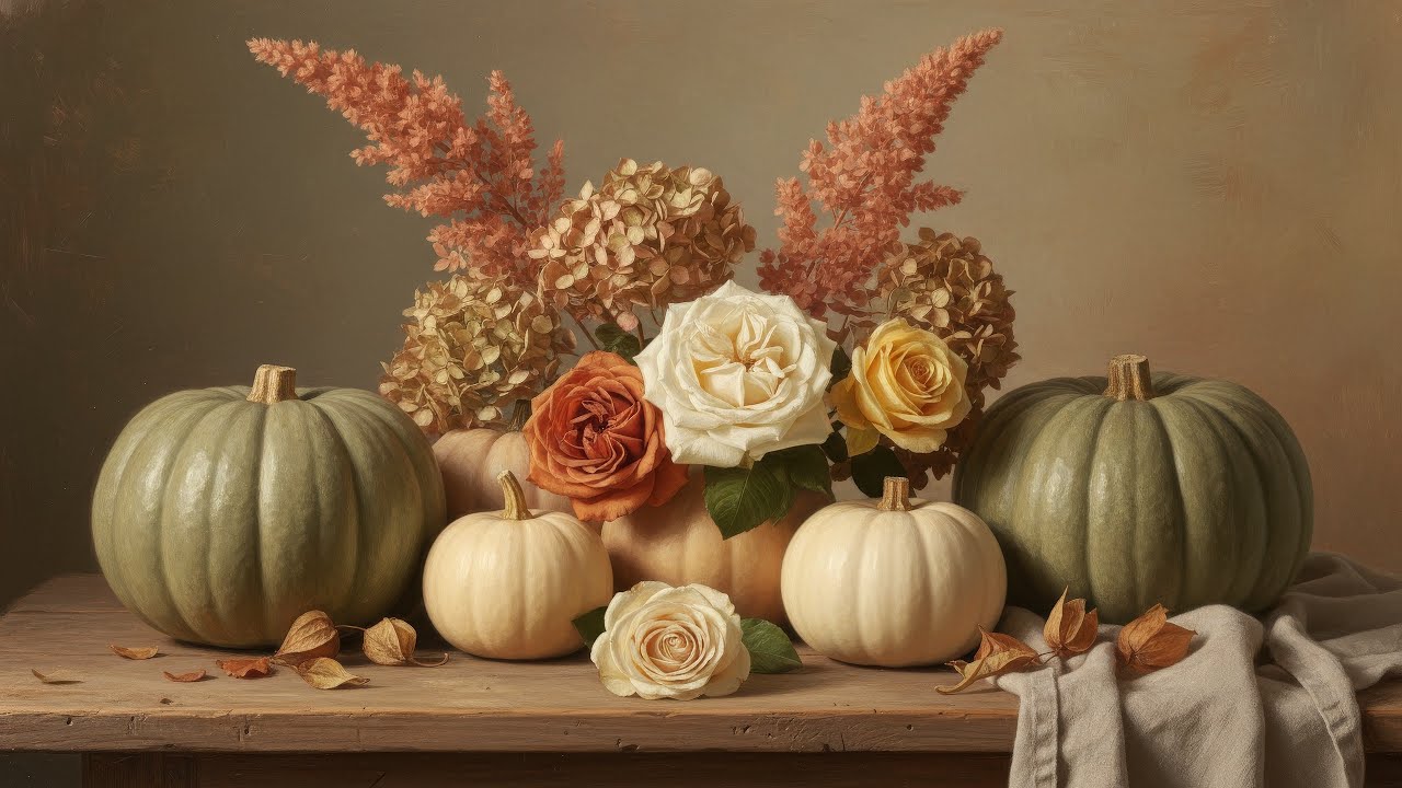 Samsung Frame TV Art - Pumpkins, Roses & Dried Plumes Still Life - Autumnal Charm