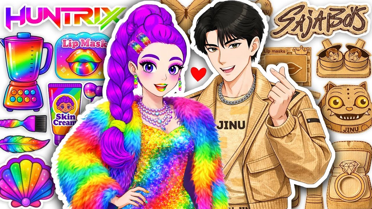 💋DIY de Papel💋 KPOP DEMON HUNTERS Rumi x Jinu Glow Up in Cardboard & Rainbow Maquillaje Blind Bag