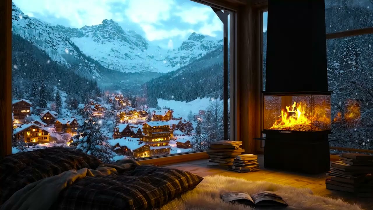Winter Cabin Night Ambience ❄️| Crackling Fireplace, Snowfall & Wind for Deep Sleep & Relieve Stress