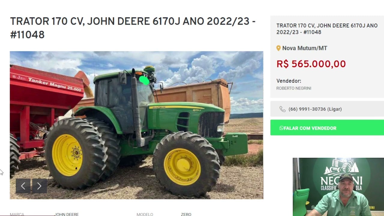 TRATOR 170 CV, JOHN DEERE 6170J ANO 2022/23 - Nova Mutum/MT R$ 565.000,00