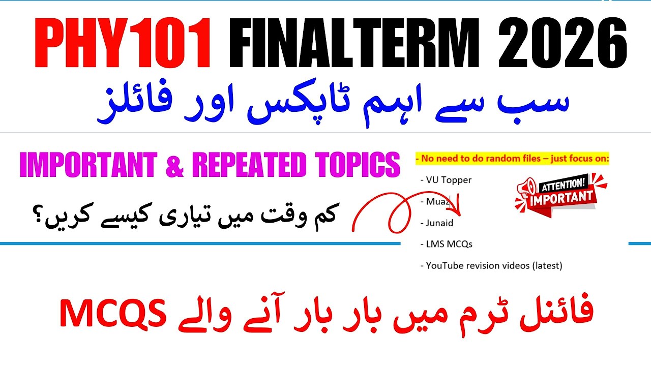Phy101 Most Important MCQS For Final Term 2026 | Repeated TOPICS| Phy101 final term preparation 2026