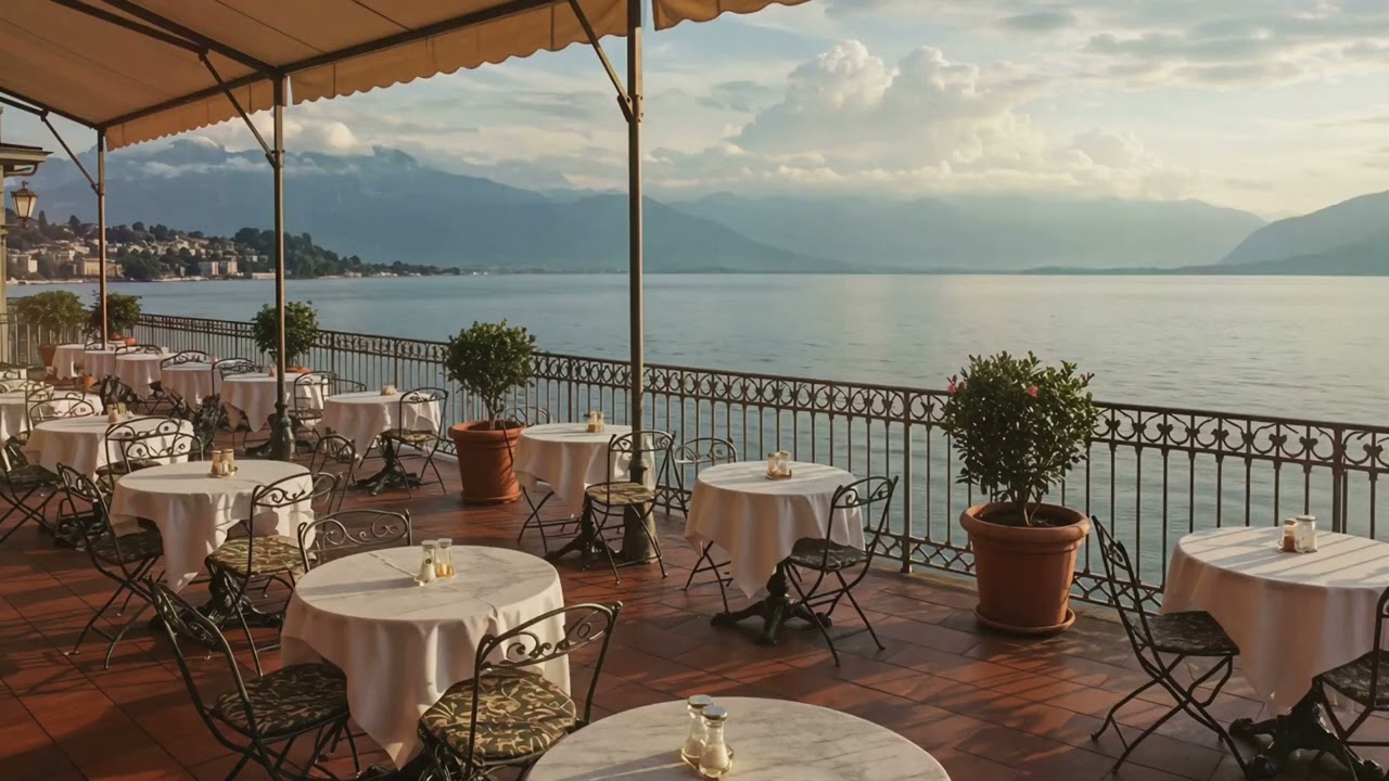 Lake Geneva Caf&eacute; View with Relaxing Jazz Piano | Peaceful Swiss Morning Ambience